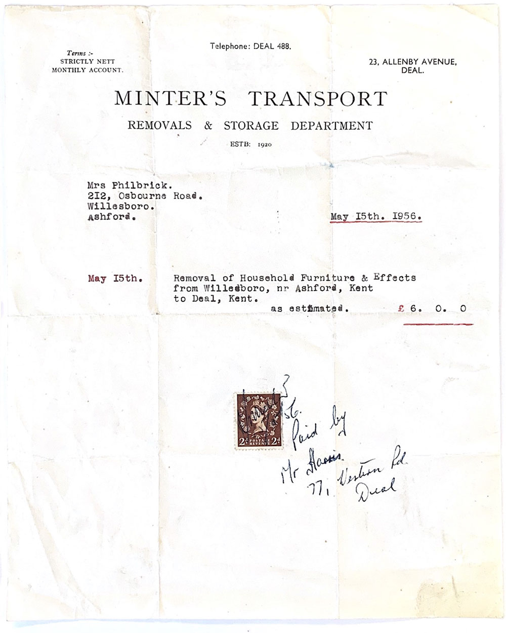 Image of an invoice from 1956 - Minters of Deal
